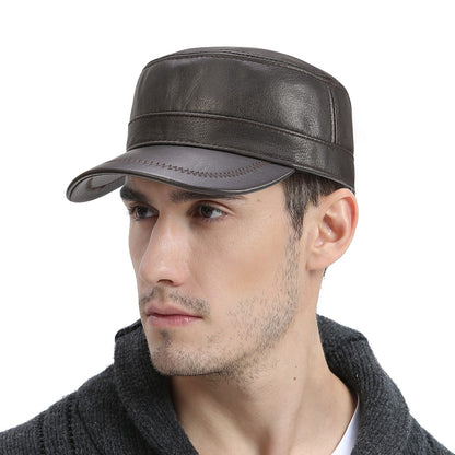 VOBOOM Winter Leather Cadet Army Cap Cabbies Adjustable Soft Flat Top Military Style Hat for Men
