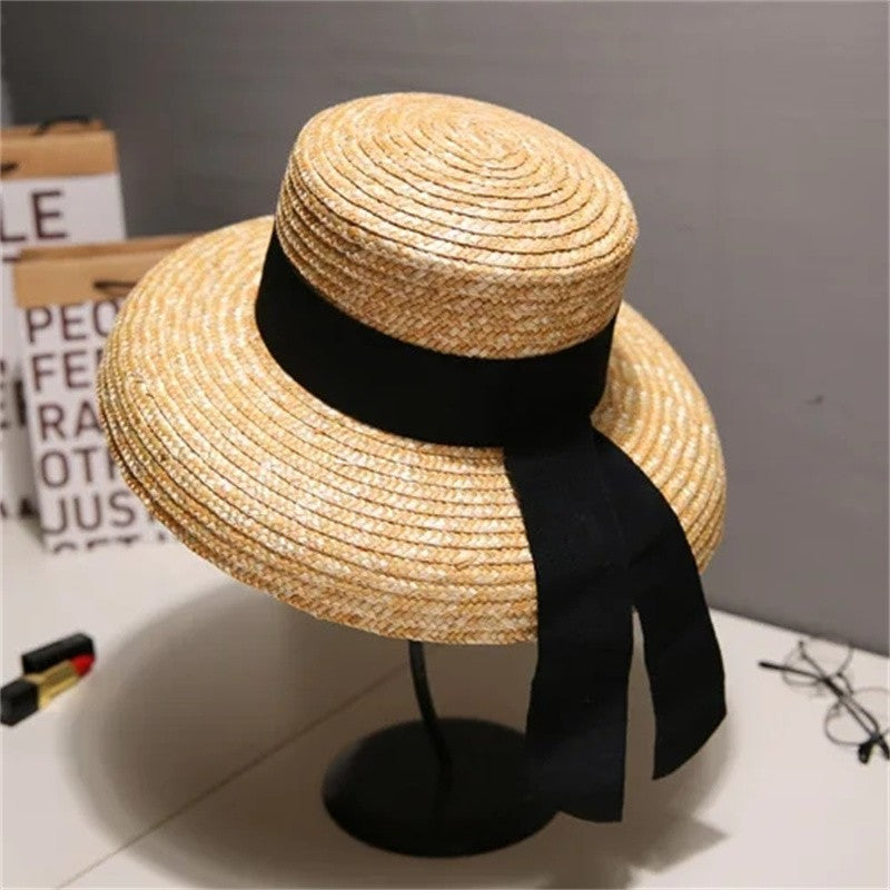 Chapéu de palha de verão alfinete de pérola chapéu de palha feminino de aba plana oco com ranhuras de verão para praia e sol sombreiro ????