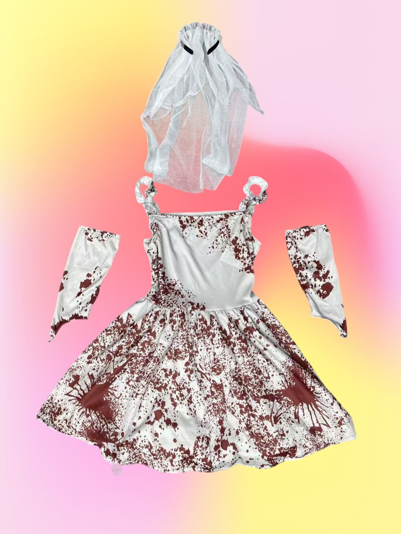 Kids Bloody Ghost Bride Costume, Girls Halloween Dress with Veil and Arm Sleeves