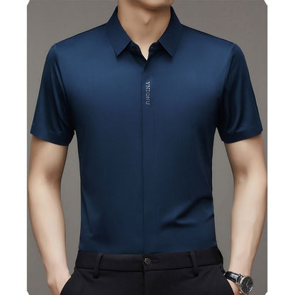 High end  Mulberry Silk Men Short Sleeve Business Shirt Wrinkle Resistant Button Invisible Top Elastic Luxurious Men Shirts
