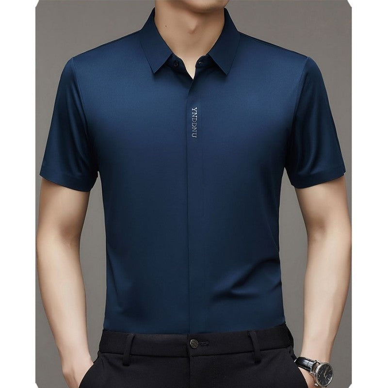 High end  Mulberry Silk Men Short Sleeve Business Shirt Wrinkle Resistant Button Invisible Top Elastic Luxurious Men Shirts