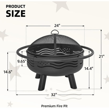 American Flag Fire Pit with Mesh Cover & Poker, Round Metal Wood Burning Outdoor Firepit for Patio, Garden, Backy