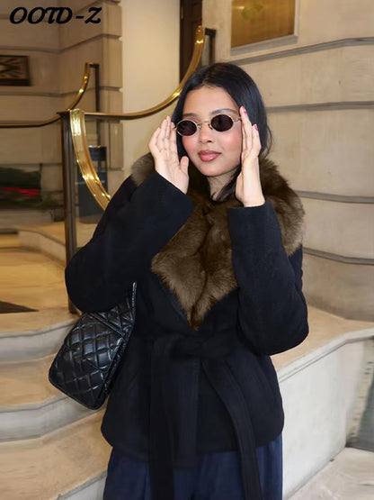 Elegant Faux Fur Lace Up Woolen Coat Women Shawl Collar Belted Waist Full Sleeve Coats Female Autumn Winter Fashion Lady Outwear