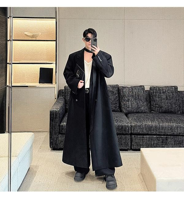 Mauroicardi Spring Autumn Extra Logn Black Oversized Flowy Soft Trench Coat for Men with Back High Slit Loose Casual Overcoat