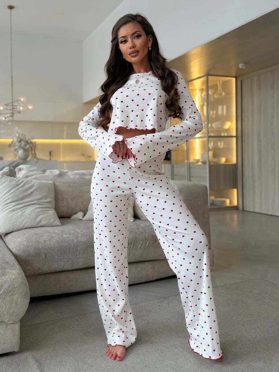 Lace Trim Women Pajama Set Short Sleeve Front Button Top & Full-Length Pants Cherry Print 2 Pieces Sleepwear Nightwear Homewear