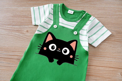 IURNXB Newborn Baby Romper Summer Cat Printed Short Sleeve Stripe Jumpsuit Infant One Piece Outfit for Boys Girls Unisex 0-18M