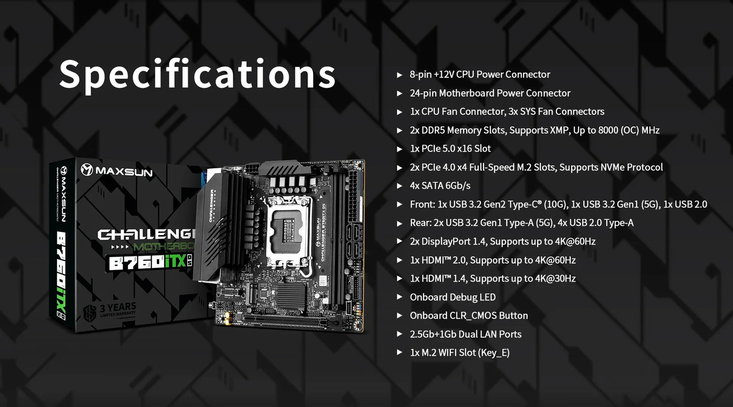 Placa-mãe MAXSUN Game B760ITX D5 compatível com CPUs Intel Core de 14ª, 13ª e 12ª gerações DDR5 M.2 PCIEX16 4.0 Componentes de computador