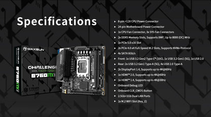 Placa-mãe MAXSUN Game B760ITX D5 compatível com CPUs Intel Core de 14ª, 13ª e 12ª gerações DDR5 M.2 PCIEX16 4.0 Componentes de computador