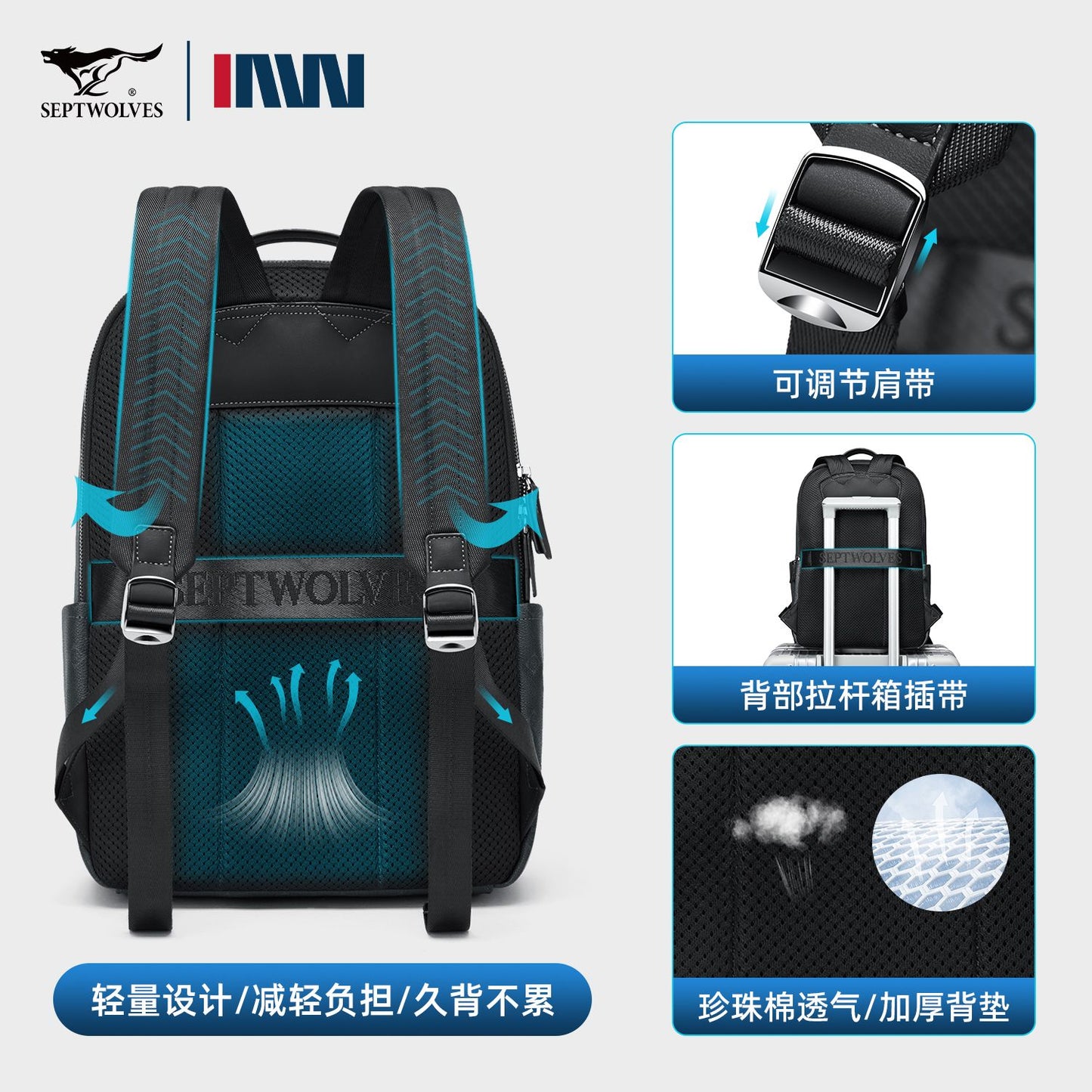 Septwolves Luxury Leather Backpack for Men Monogram Printed Stylish Laptop Backpack 15 Inch Travel Bag Black Business Backpack