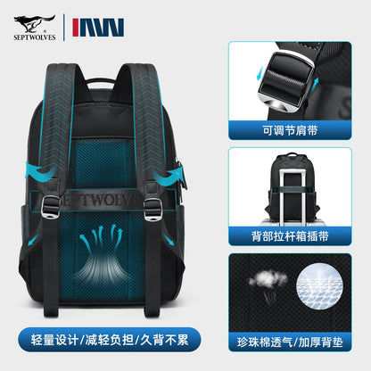 Septwolves Luxury Leather Backpack for Men Monogram Printed Stylish Laptop Backpack 15 Inch Travel Bag Black Business Backpack