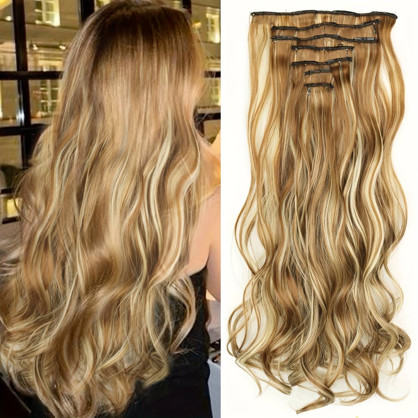 7 peças/conjunto de aplique de cabelo com 16 grampos, preto, longo e liso, cabelo natural, aplique de cabelo ombre, fibra resistente ao calor para penteado feminino