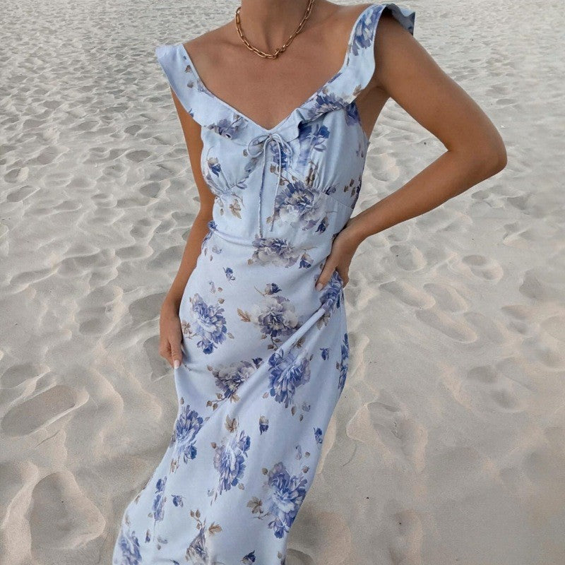 Cryptographic Summer Floral Print Plunge Maxi Dress Outfits Sexy Backless Fairy