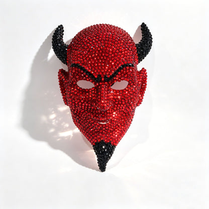 Horned Devil Rhinestone Mask, Crystal Full Face Demon Mask for Halloween Costume, Masquerade, and Festival Parties
