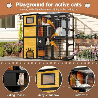 Gatil Externo de Vários Níveis, Resistente às Intempéries, com Plataformas e Quartos para Vários Gatos, Anexado à Janela, Marrom