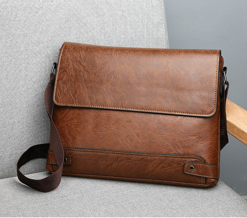 Men's Solid Color Retro Leather Shoulder Bag, Casual Business Crossbody BagS Horizontal A4 Paper Travel Bag Briefcase Laptop Bag