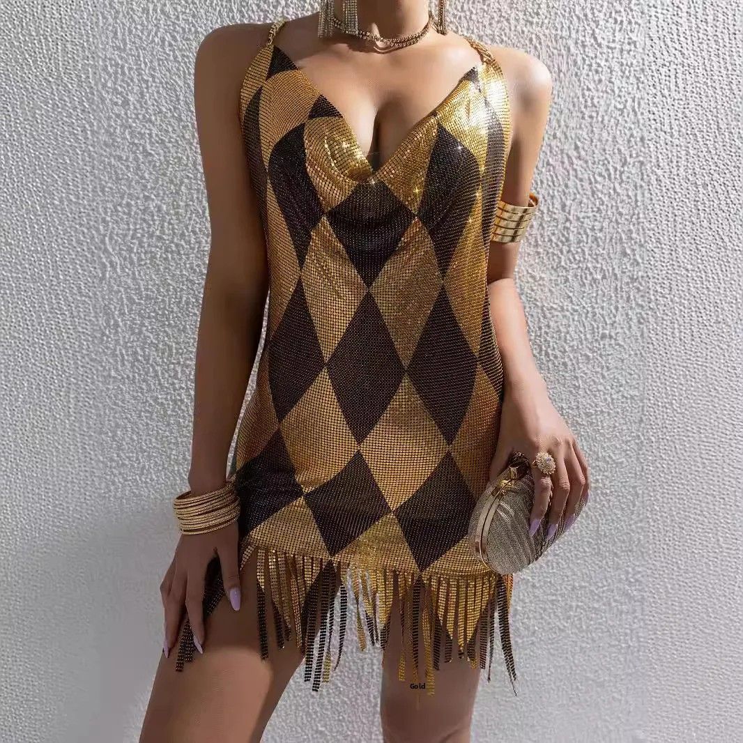 Sexy Metal Splice Backless Fashion Women's Dress Mini Skirt V-neck Sleeveless L22593 Cross-border Summer New Arrival