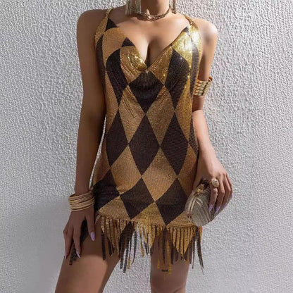 Sexy Metal Splice Backless Fashion Women's Dress Mini Skirt V-neck Sleeveless L22593 Cross-border Summer New Arrival