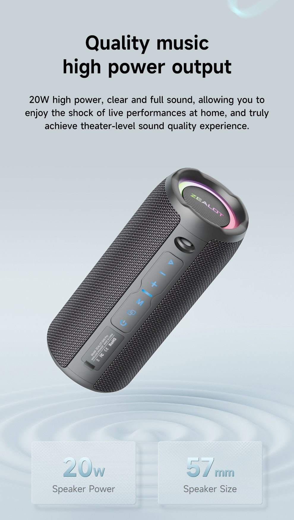 ZEALOT-S49PRO Portable Bluetooth Speaker 20W IPX6 Waterproof,Micro SD Card,AUX-in Plug,10H Playtime,RGB Light  Wireless Stereo