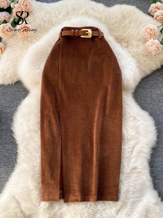 SINGREINY Women Korean Split Sexy Long Skirt 2024 Winter Corduroy Slim Thick Streetwear Fashion Vintage Autumn Bodycon Skirt