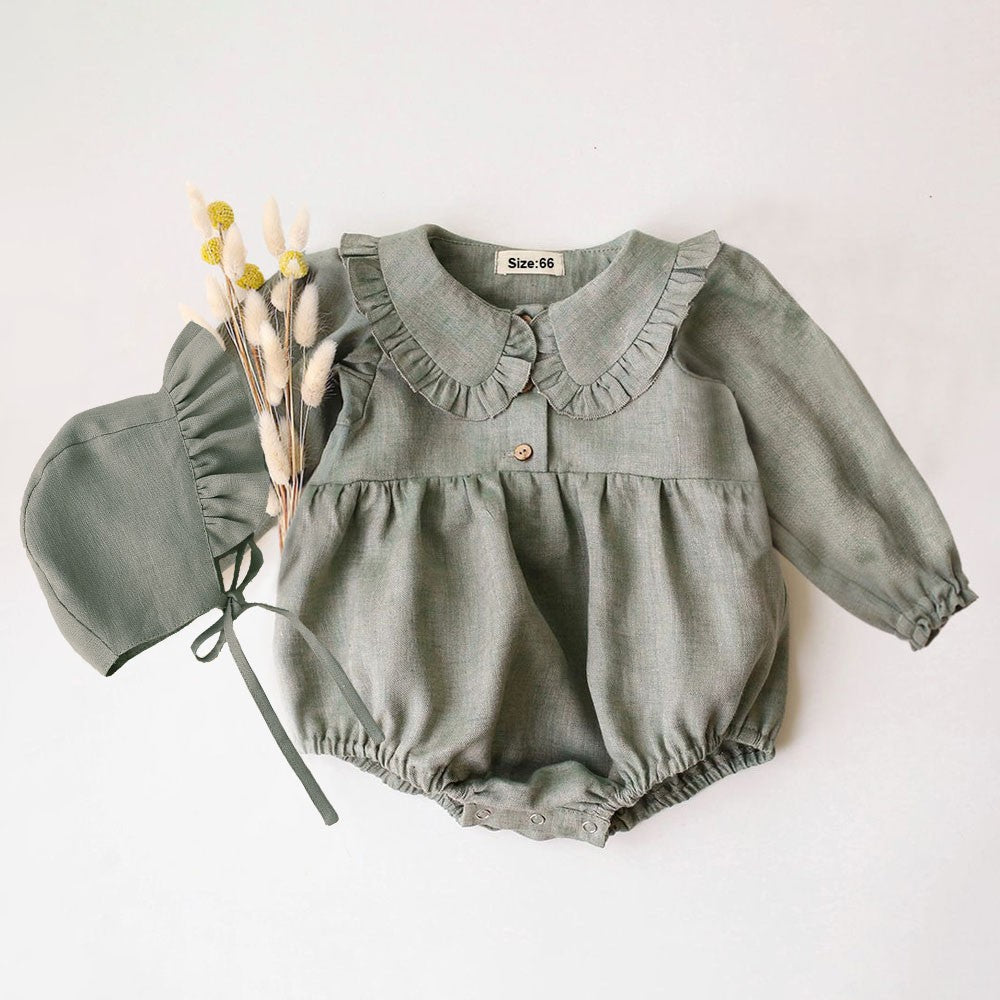 2Pcs Spring Baby Girls Playsuit With Hat Long Sleeves Newborn Romper Cotton Linen Fabric Infant Clothes