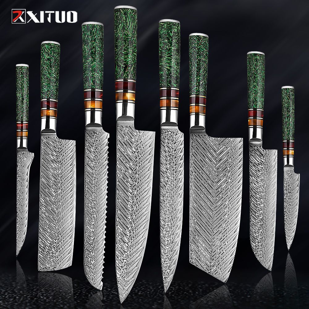 Conjunto de Facas de Cozinha XITUO Luxury Damascus Japonesas Chef Santoku Faca Cutelo Descascar Faca de Pão Cabo de Resina Sintética Destaque