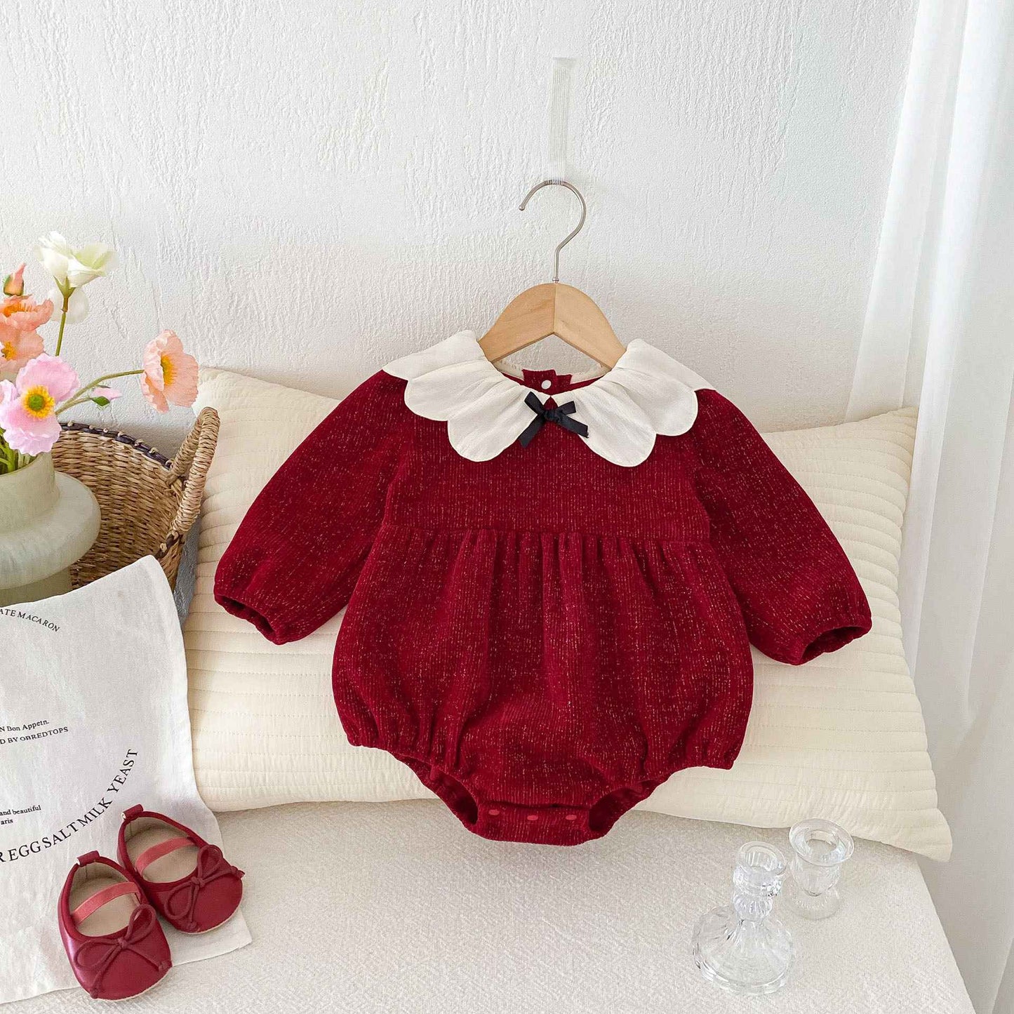 Newborn Christmas Red Clothes Autumn Kids Baby Girls Sweet Petal Collar Princess Rompers Infant New Baby Girls Rompers Clothes
