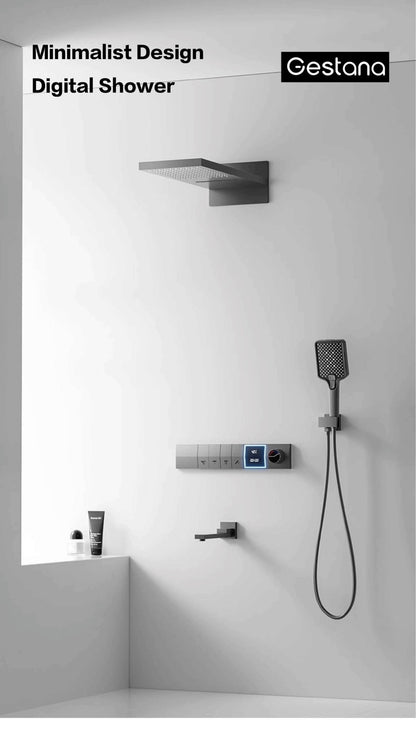 Sistema de chuveiro de parede com temperatura constante em latão cinza chumbo, montado na parede, com display digital LED, torneira de banheiro com água quente e fria