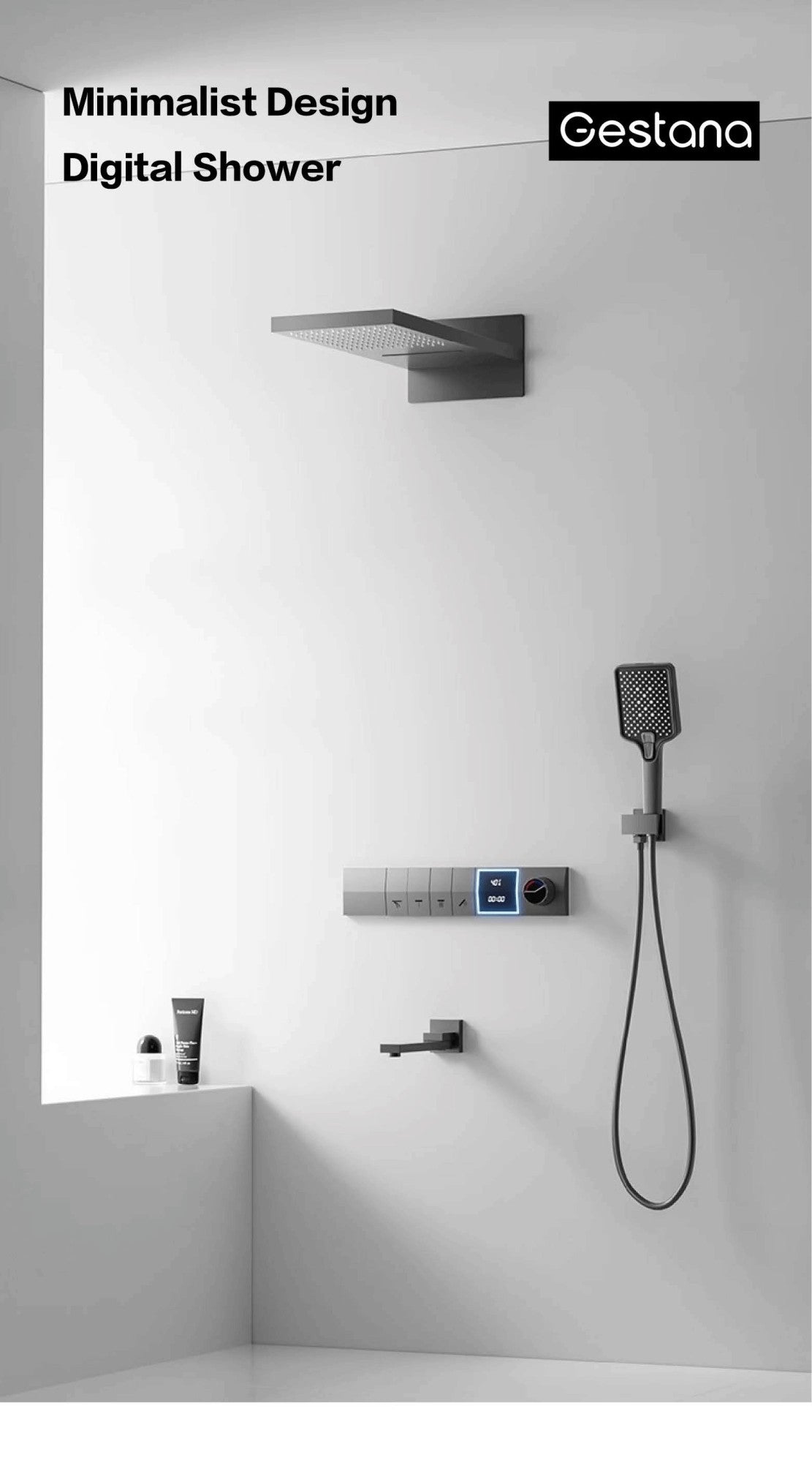 Sistema de chuveiro de parede com temperatura constante em latão cinza chumbo, montado na parede, com display digital LED, torneira de banheiro com água quente e fria