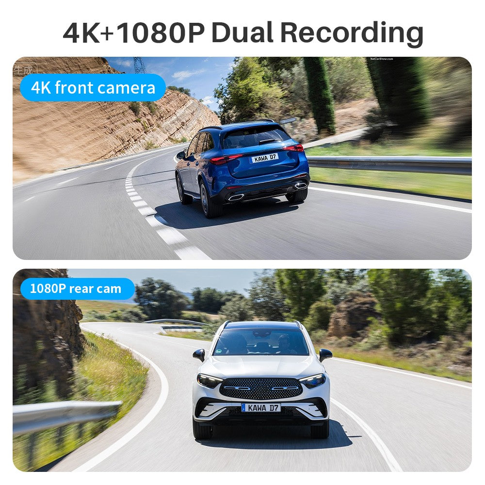 Câmera de painel KAWA D7 4K dianteira e traseira, gravador de vídeo 4K WiFi6, câmera automotiva, mini câmera traseira DVR para veículos, Dashcam com controle por APP/Voz