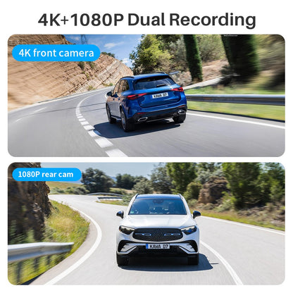 Câmera de painel KAWA D7 4K dianteira e traseira, gravador de vídeo 4K WiFi6, câmera automotiva, mini câmera traseira DVR para veículos, Dashcam com controle por APP/Voz