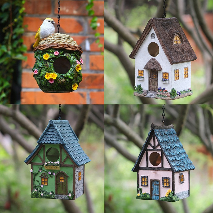 Casa de Pássaros de Resina para Jardim - Cabana Decorativa Suspensa, Presente Perfeito para Amantes de Pássaros e Pássaros Pequenos