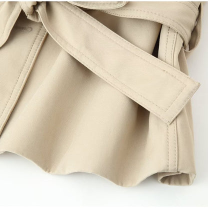 Belted Waist Cropped Trench Double Breasted Stand Collar 2025 Autumn Chic Elegant Women Coat Casual Vintage Office Lady Jacket