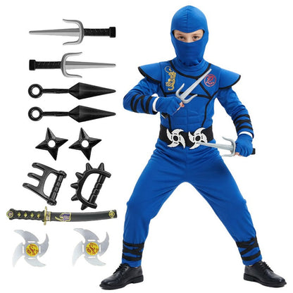 Ninja Costume Set Blue Masked Ninja Halloween Party Dress Up Outfit for Children Boys Girls with Toy Gift Holiday Party Costume