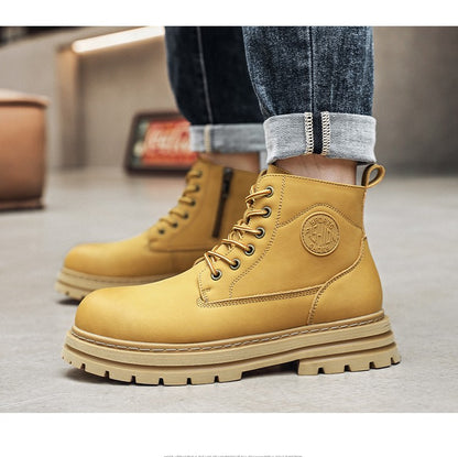 New winter men's shoes rain boots motorcycle leather shoes plush warm outdoor leisure high-top lace-up women's boots