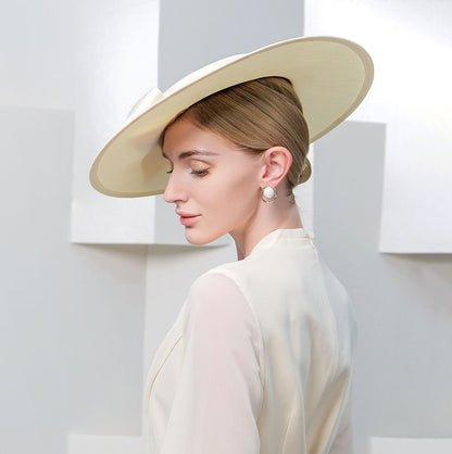 FS Elegante Chapéu de Aba Larga Marfim Feminino Grande Laço Ocasião Formal Kentucky Boné Feminino Casamento Coquetel Festa Fedora de Topo Reto 2024