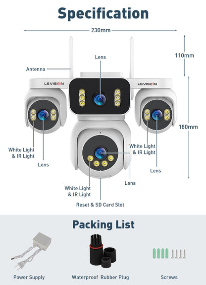 LS VISION 20MP IP Camera with 5m Cord 12X Zoom WiFi Security Cameras 4 Screens Night Vision Human Detection Auto Tracking HiEasy