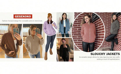 Fisoew women's Quilted Zip Up Jacket Oversized Long Sleeve Party Coat Warm Slim Fit