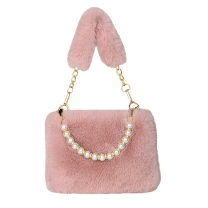 Fashionable Pearl Rabbit Fur Velvet Handbag Women's Crossbody Bag Chain Design Autumn Winter Small Versatile Bag Elegant