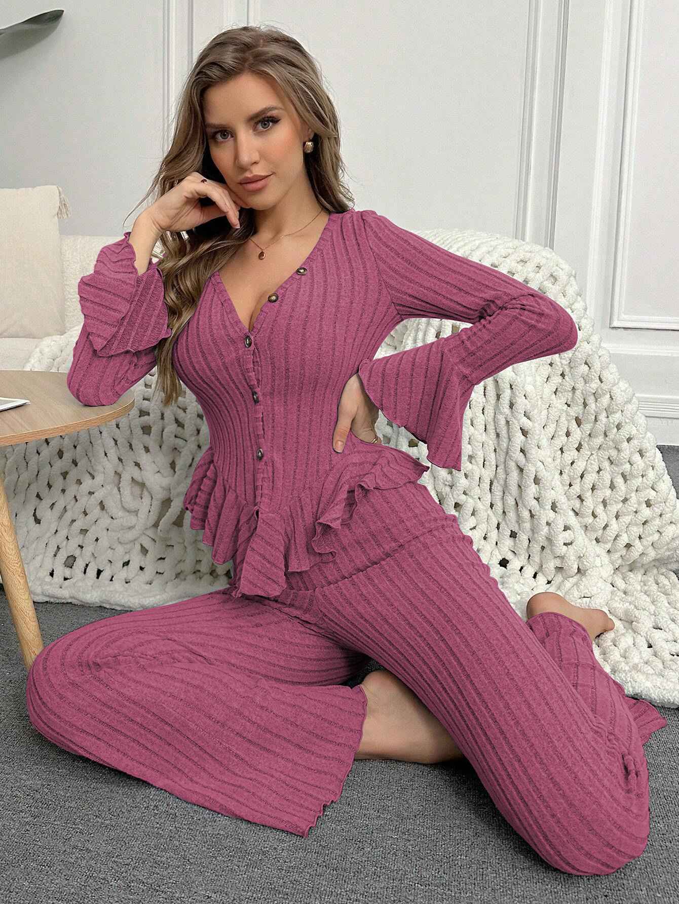Home Wear Sexy V-neck Fashionable Length Pants Set Autumn Winter Comfortable Casual Slim Fit Women Two-piece Set pajama