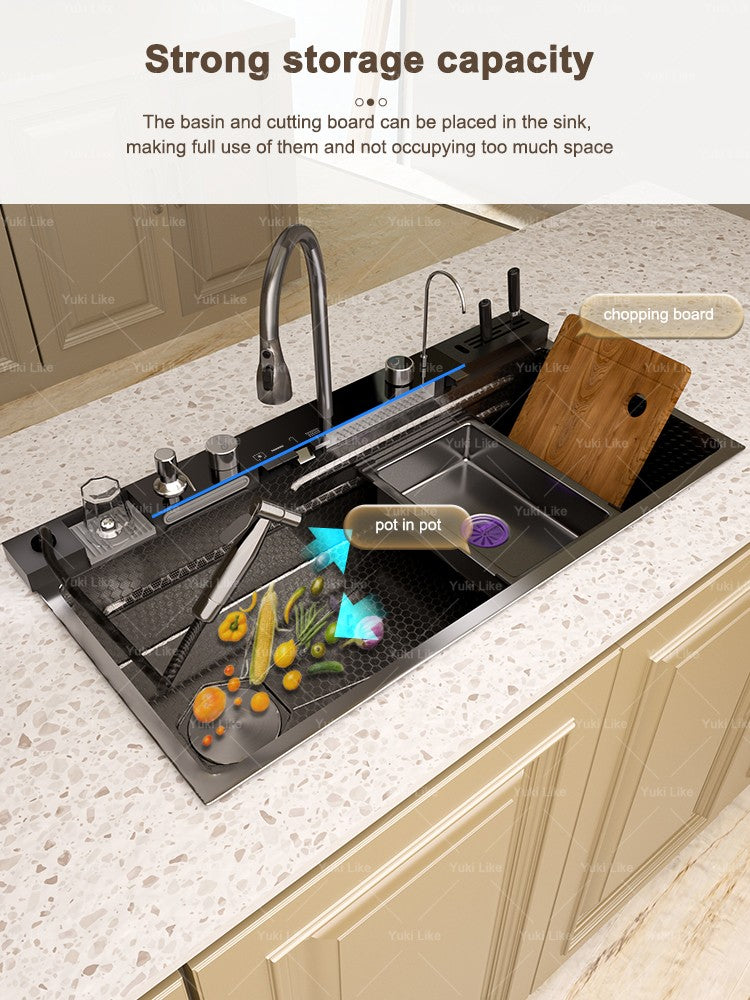 Stainless Steel Waterfall Kitchen Sink New Embossed Extra Large Single Slot Modern Digital Display Dishwashing Basin