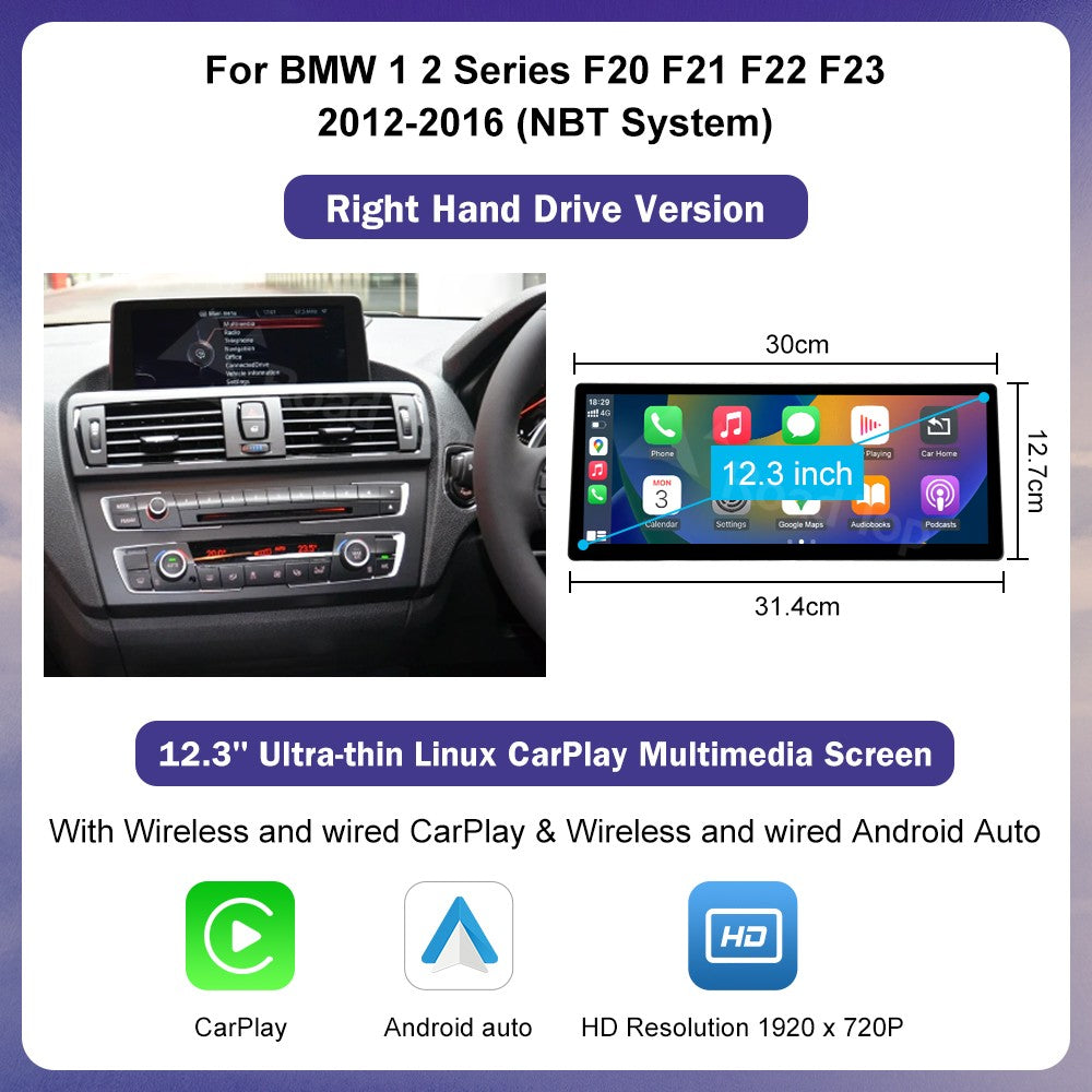 12.3inch Ultra Thin Screen For BMW 1/2/3/4 Series F20 F21 F22 F23 F30 F31 F33 F36 CIC/NBT/EVO Wireless CarPlay Multimedia Radio