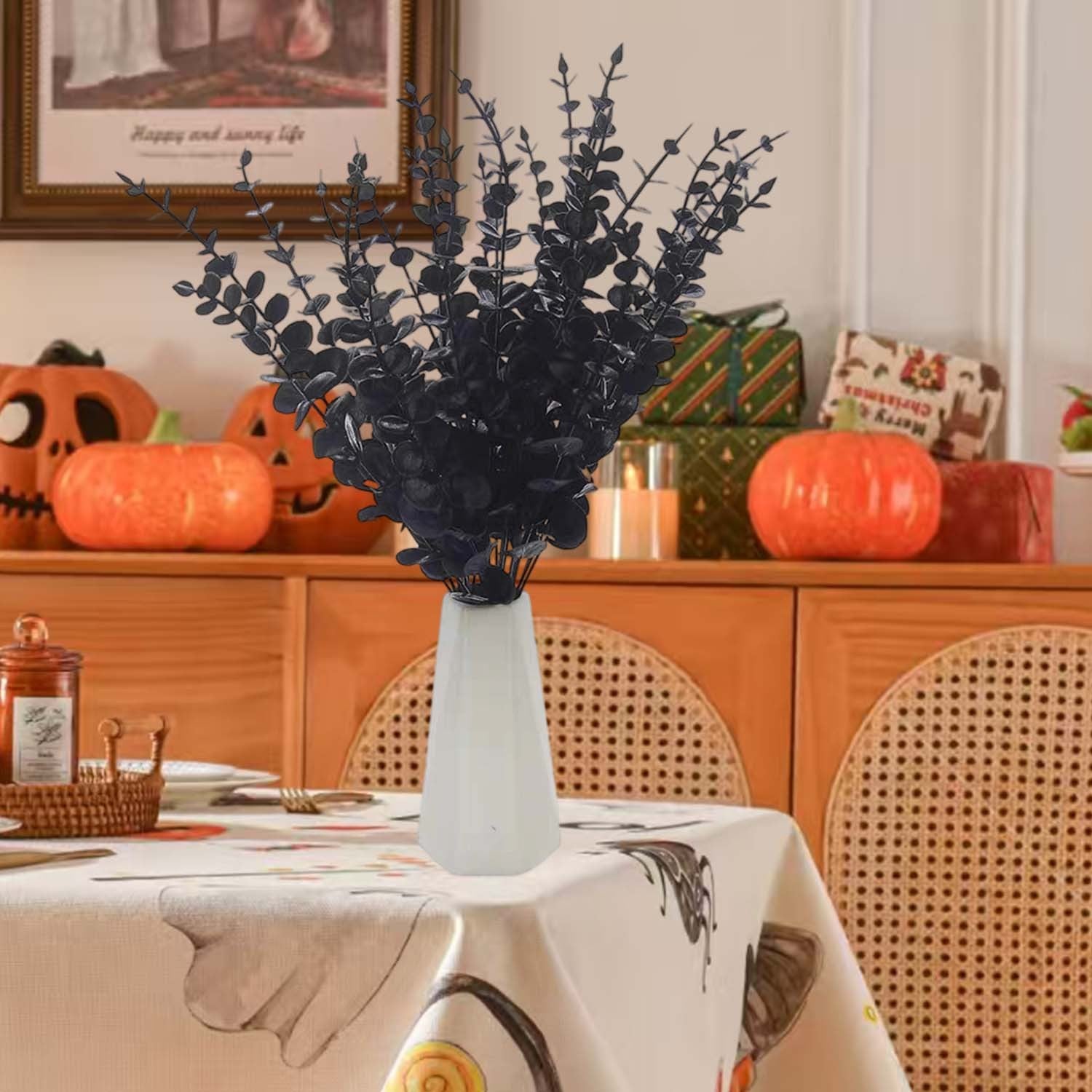 50/10x Black Artificial Eucalyptus Branches Simulation Flowers Stems Halloween Thanksgiving Ornaments DIY Home Table Decoration
