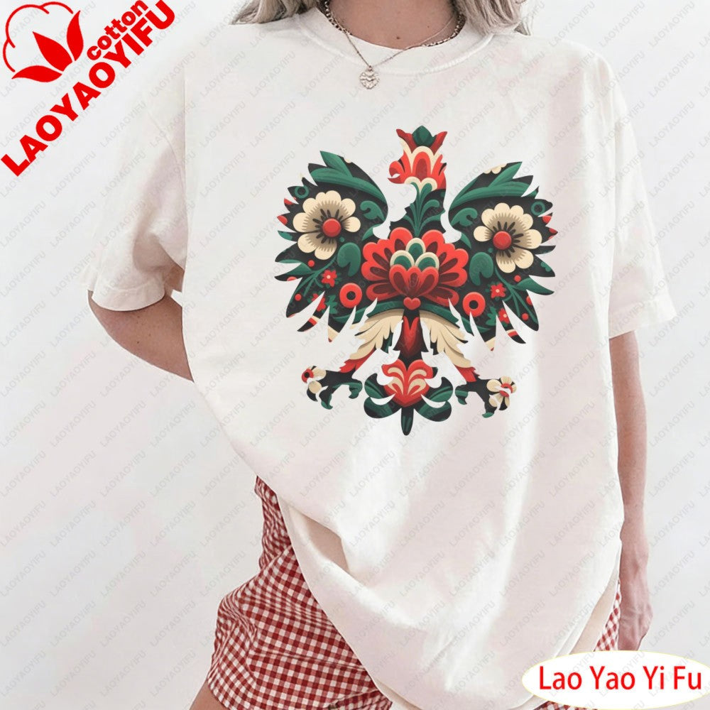 Polish Eagle Shirt Folk Art Christmas Design Clothes Botanical Flowers Tops Summer Women Retro Fashion Graphics Tees