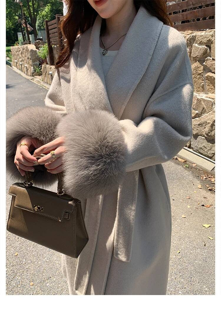 [EWQ] Wool Fox Fur Sleeve Women Coat Elegant Clothing Autumn 2025 Winter Double-sided Jacket Big Size Wine Red Overcoats 16O2751