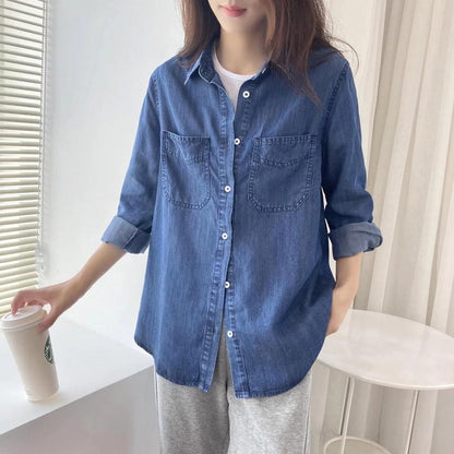 Autumn 2025 New Denim Shirts And Blouse For Women Korean Style Long Sleeve Top Blue Or Sky Blue Color Jeans Elegant Blouses