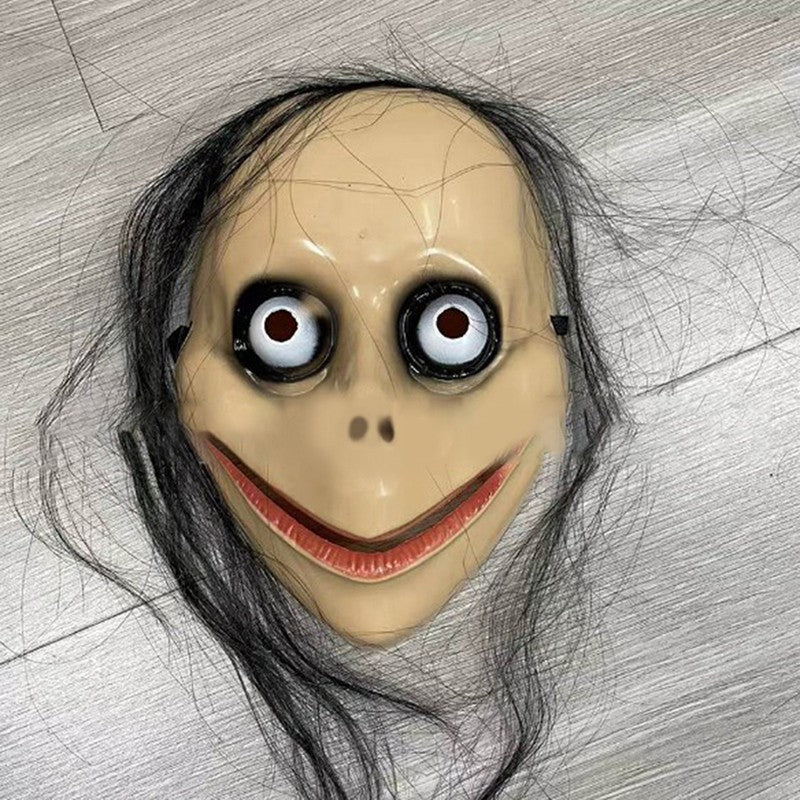 Halloween MO MO Mask With Long Hair Big Eyes Funny Mask Horror Ghost Party Costume Props V-shaped Mouth Mask Halloween Cosplay