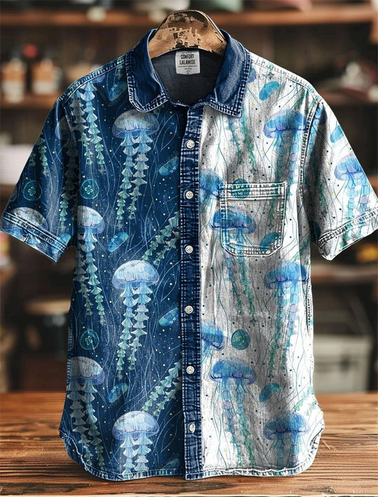 Fashionable Casual Men's Shirt Short Sleeve 3D Medusa Print Pattern Linen Clothing Hawaiian Flower Top
