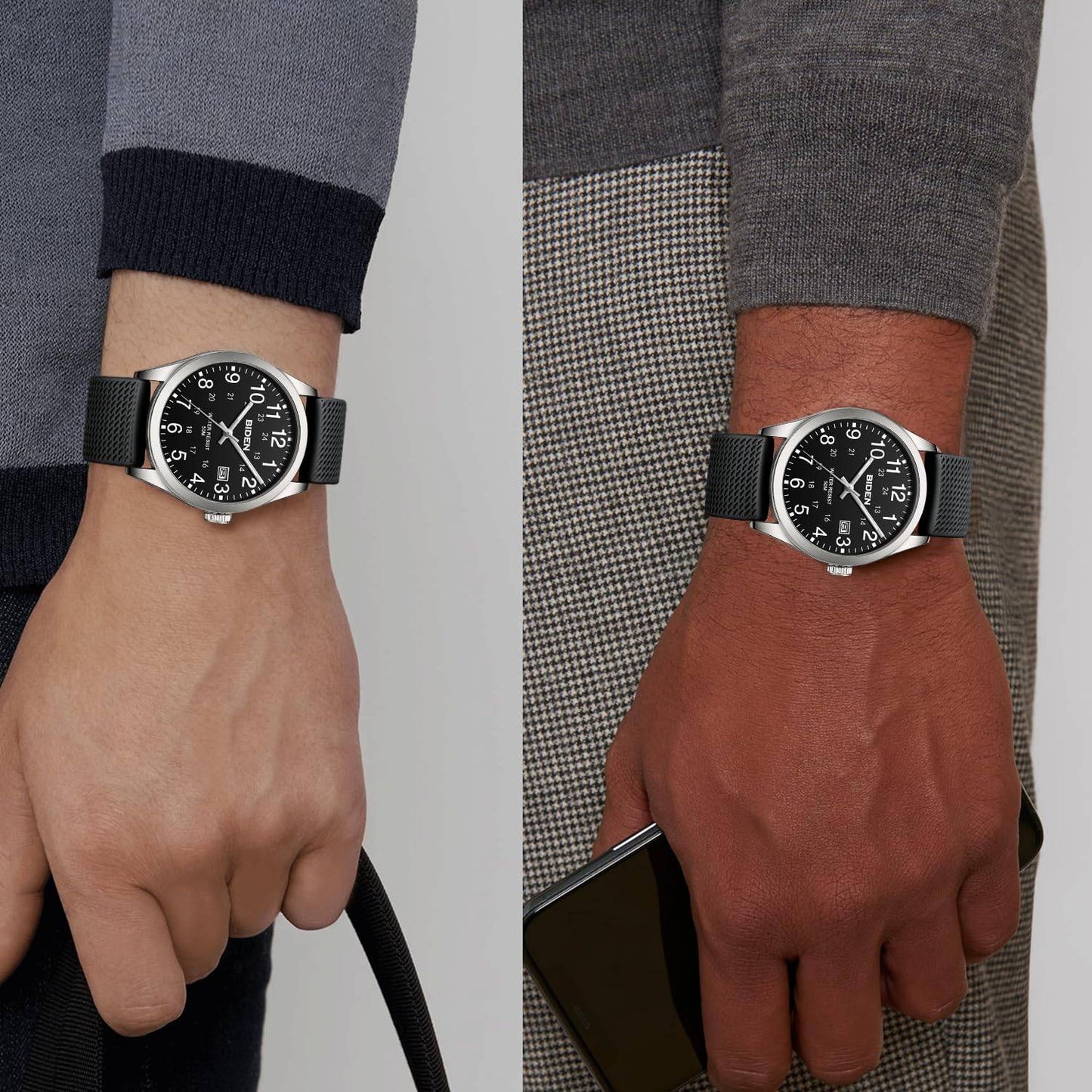 BIDEN Men's Watch Simulated Quartz Sports Men's and Women's Watch 30 Waterproof Second Hand Luminous Easy to Read Dial