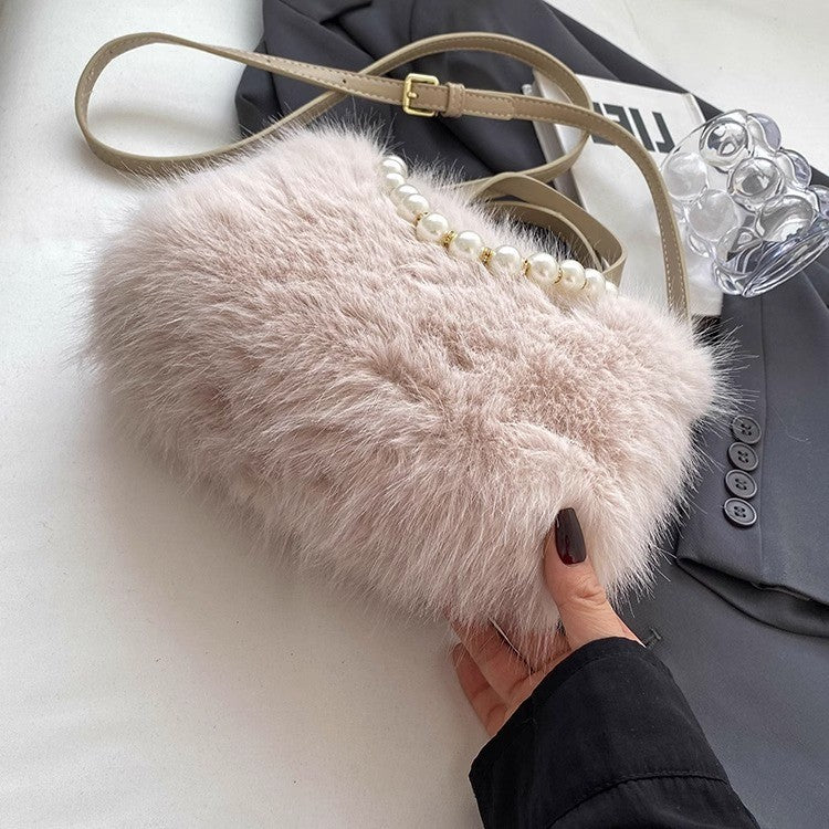 Winter Fashion Faux Fur Crossbody Bags for Women's Gift, Pearl Chain Decor Shoulder Bag, Ladies Handbags Top-handel Bag