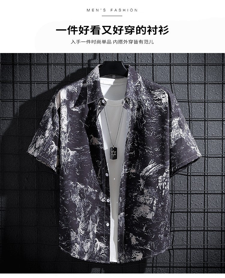 Men's Shirt Summer Casual Fashion Short Sleeve 3D Printed Denim Skull Gun Print Men's Hawaiian Lapel Single Breasted Shirt